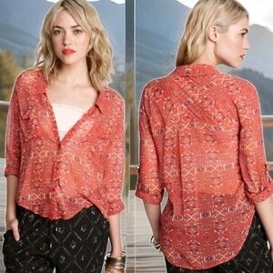 188 Free People Easy Rider Button Up Semi Sheer Geometric Coral Boho Blouse